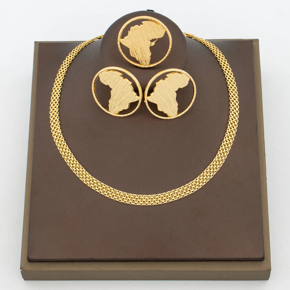 Ensemble Bijoux Carte Africaine – Boucles d'Oreilles & Bague Plaquées Or 18K