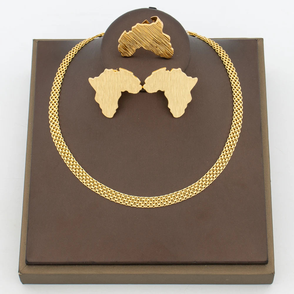 Ensemble Bijoux Carte Africaine – Boucles d'Oreilles & Bague Plaquées Or 18K