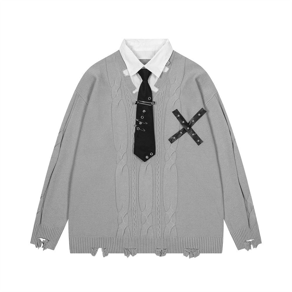 Pull Harajuku Y2K — Faux Deux Pièces, Effet Déchiré, Color Block | HANGJIA