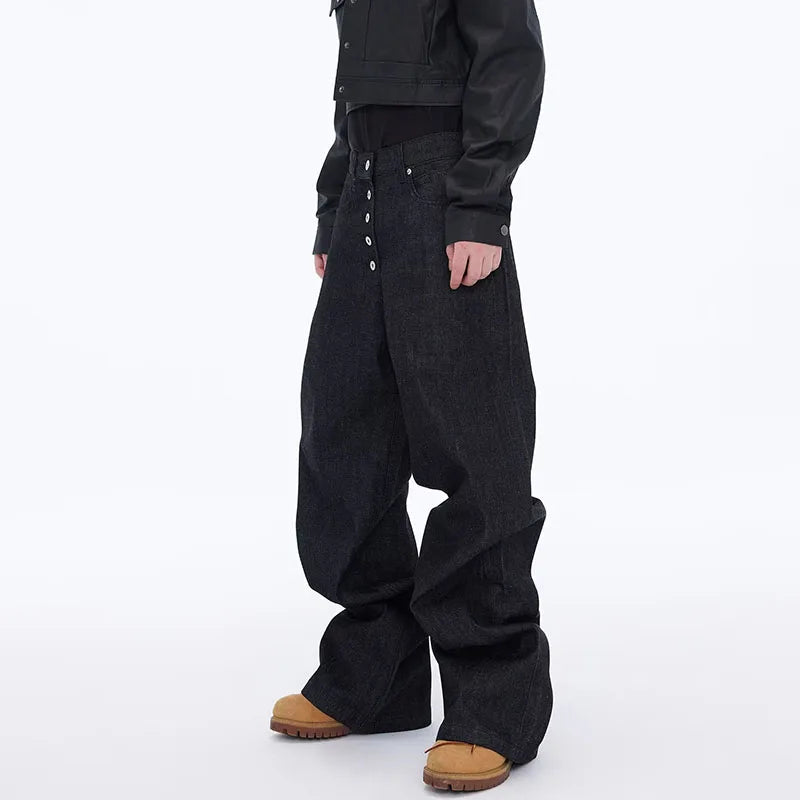 Jean Noir Ample Jambe Large Rétro Boucle — Style Urbain High Street Homme Grandes Tailles