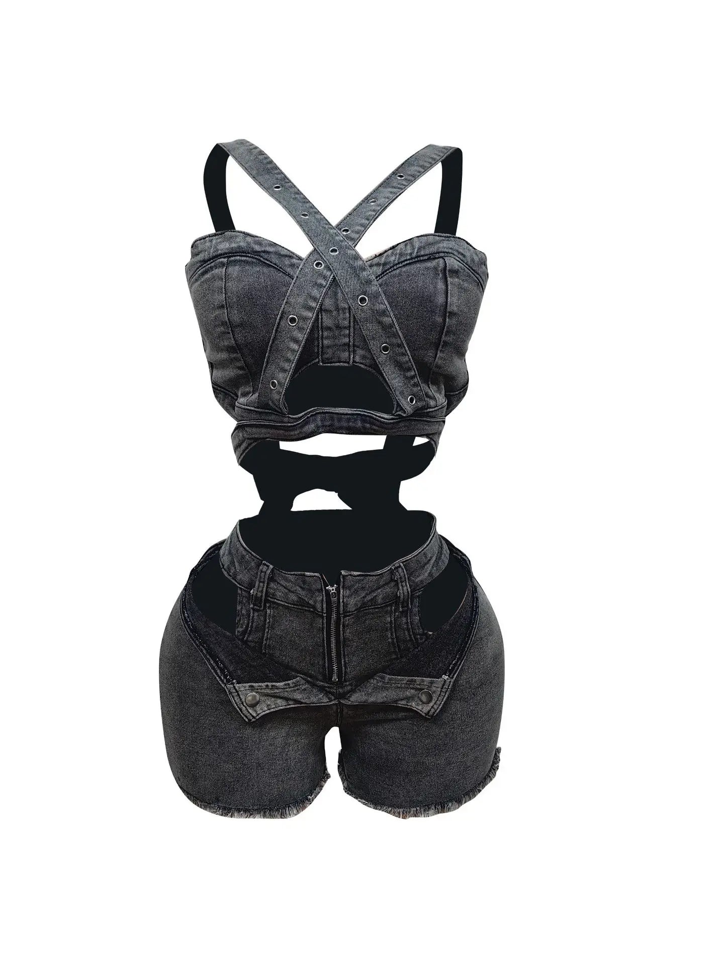 Ensemble 2 Pièces Denim — Crop Top Licou Sans Manches + Short Jean Déchiré Sexy Vacances | CM.YAYA Été 2025