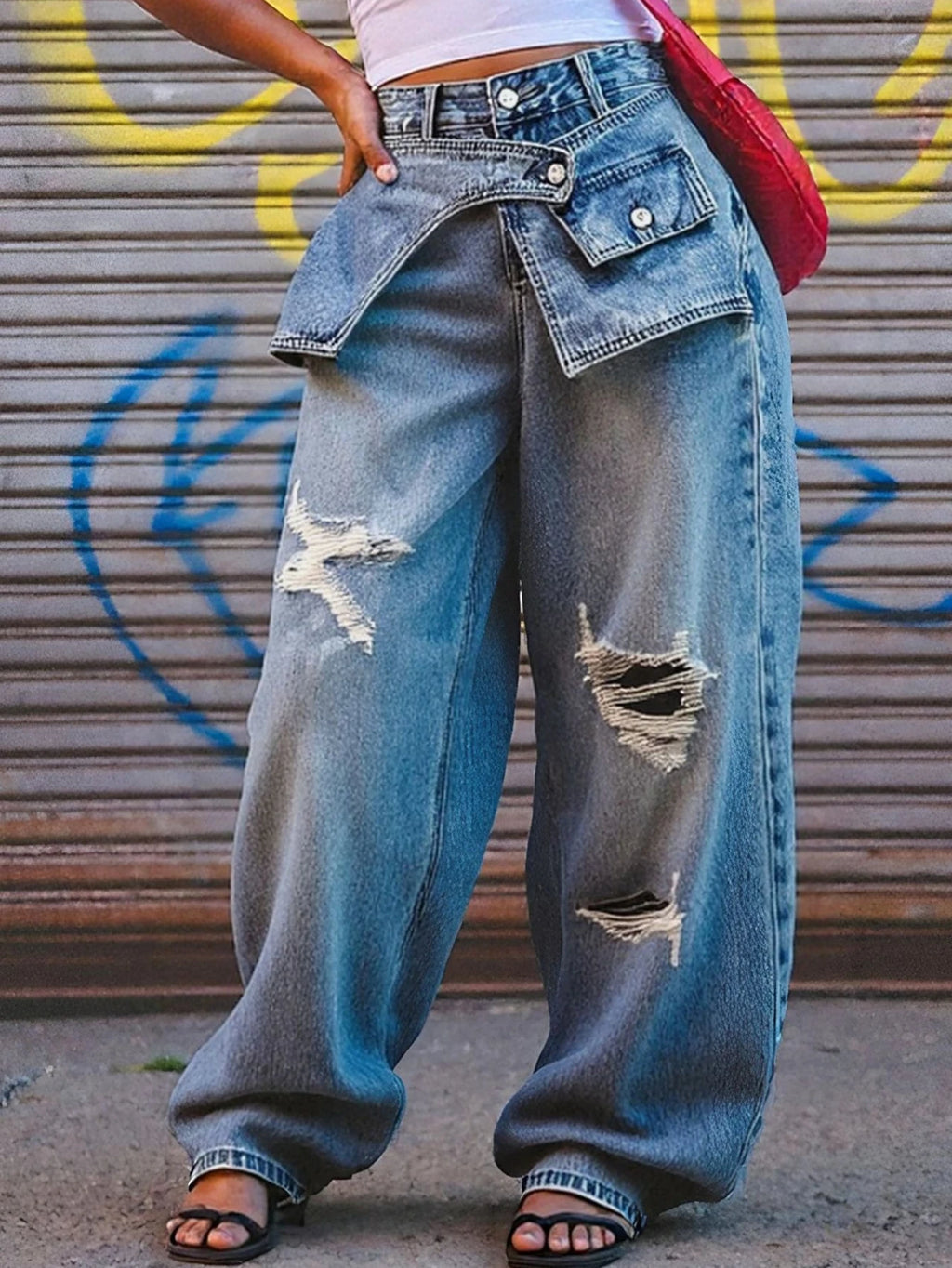 Jean Droit Déchiré Femme — Taille Mi-Haute, Effet Vieilli, Style Streetwear Vintage | Wulend