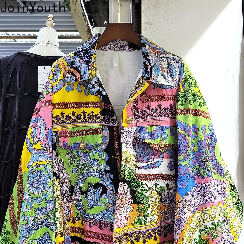 Veste en Jean Harajuku Imprimé Floral – Manteau Court Denim Coréen Y2K Streetwear | Femme 2025