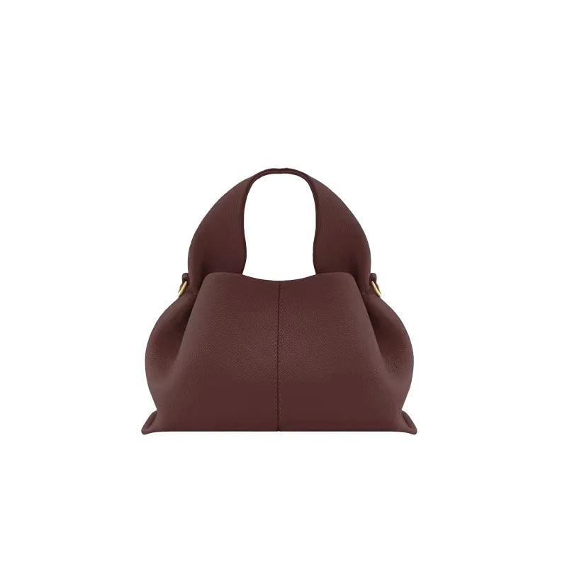 Sac Seau Plissé en Cuir Véritable — Bandoulière Luxe Couleur Unie