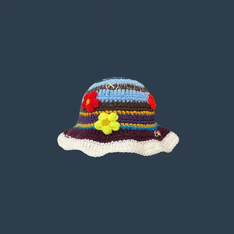 Chapeau Seau Coréen Crocheté à la Main – Bob Fleurs Y2K | Femme Automne Hiver 2025