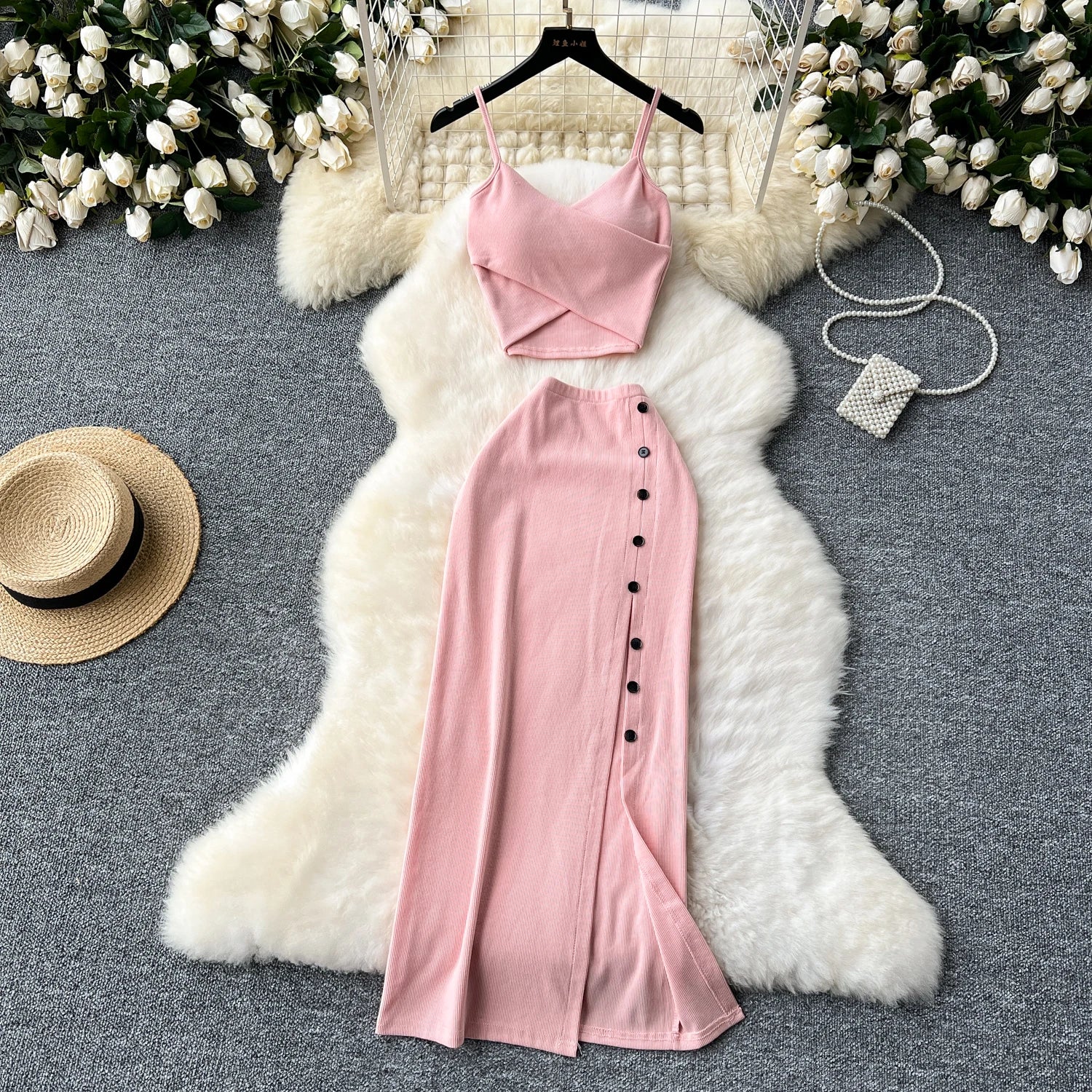Ensemble 2 Pièces Été — Haut Court Col V + Jupe Longue Fendue Taille Haute Élastique Couleur Unie | Foamlina
