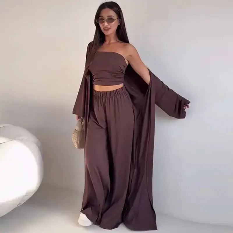 Ensemble 3 Pièces Femme — Débardeur, Long Cardigan & Pantalon Large Élégant | Bureau Été
