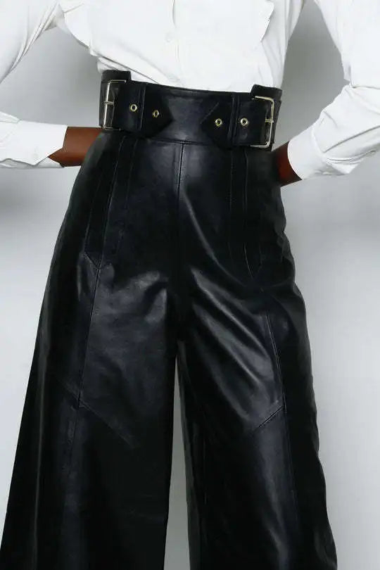 Pantalon Simili Cuir Femme — Taille Haute, Jambe Large, Fermeture Éclair | CM.YAYA 2025