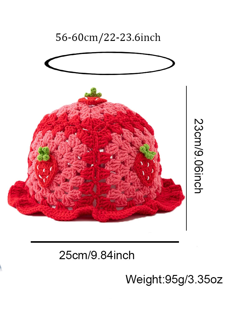 Chapeau Pêcheur Fraise Crocheté à la Main – Bob Kawaii à Volants Style Bohème | Femme