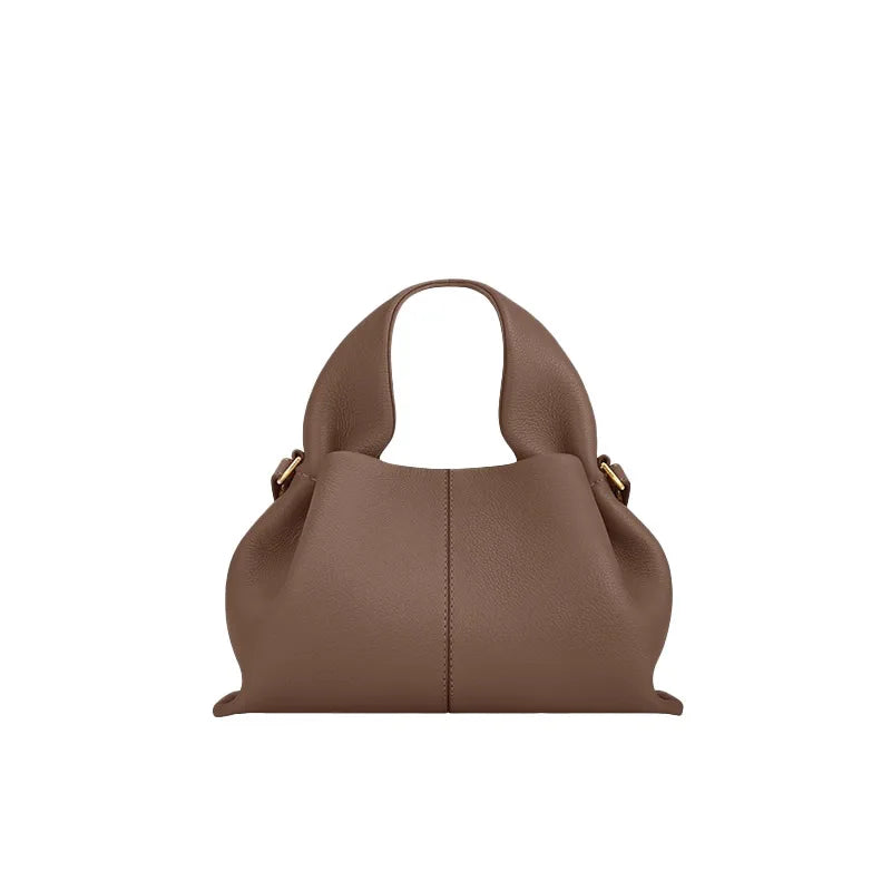 Sac Seau Plissé en Cuir Véritable — Bandoulière Luxe Couleur Unie