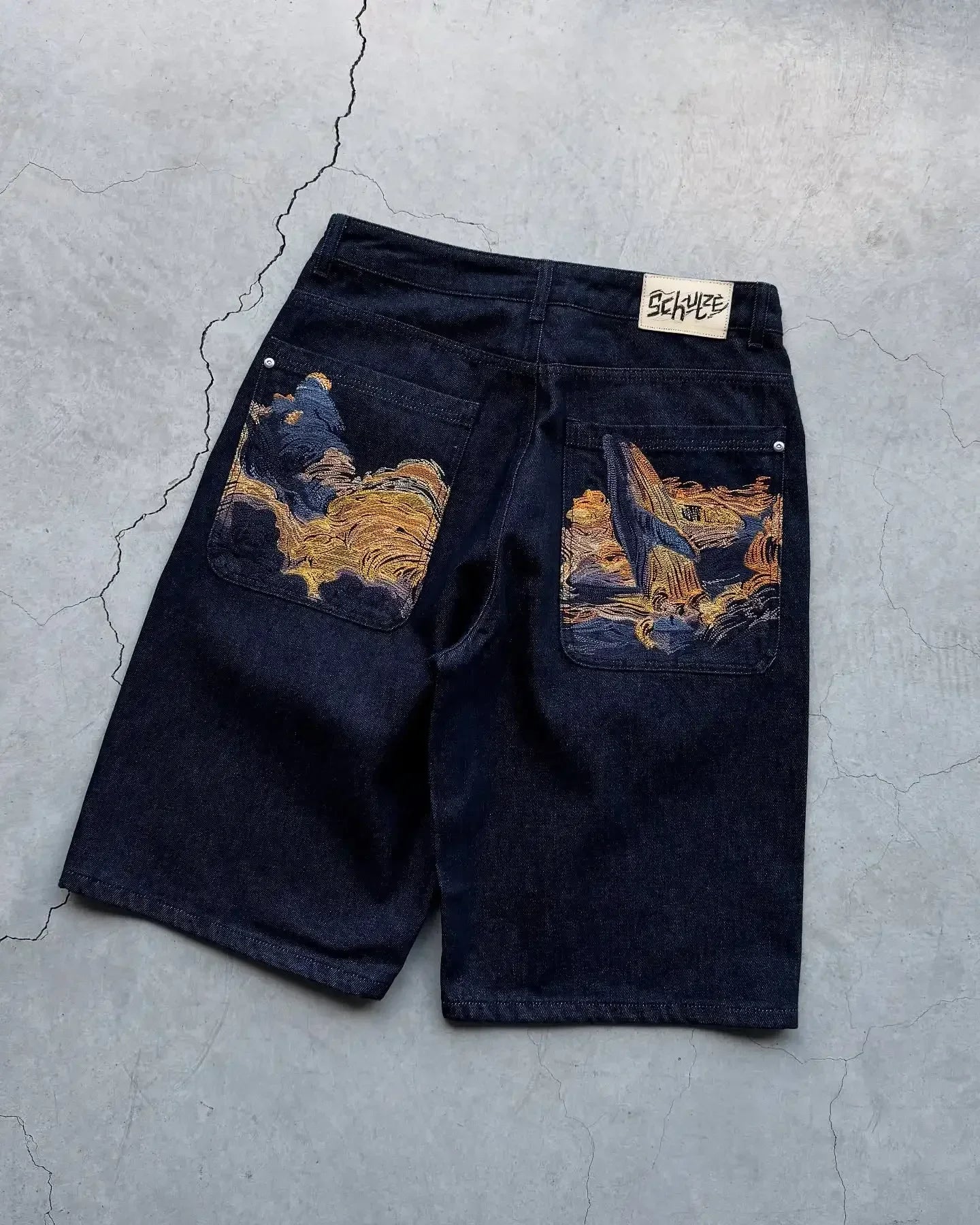 Short en Jean Vintage Y2K – Brodé Fleurs de Cerisier Streetwear Délavé | Unisexe Été