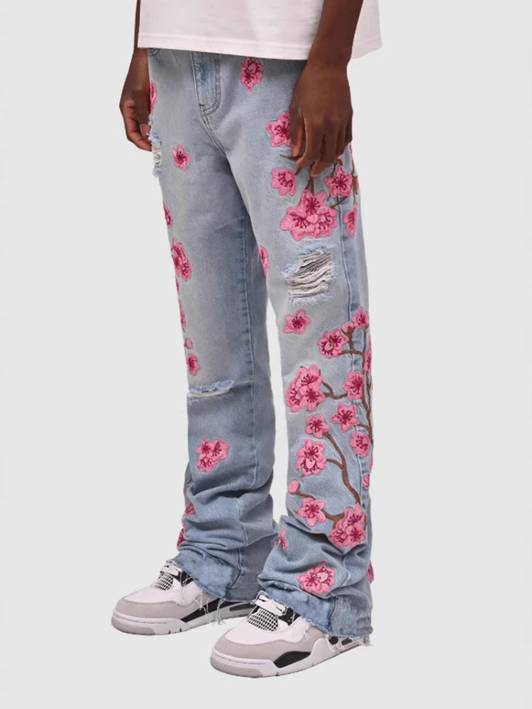 Jean Homme Imprimé Coupe Droite — Streetwear Trous Épissés Poches Bouton Taille Moyenne Printemps Été | wulend