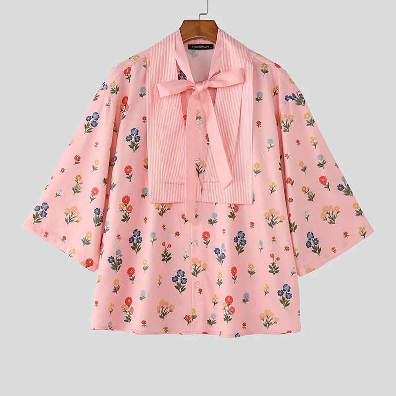 Chemise Florale Patchwork Manches 3/4 — Col V à Nouer, Streetwear Ample | INCERUN 2026