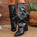 Bottes Pliantes Hauteur Genou Cuir PU — Semelles Épaisses Jambes Larges Style Coréen