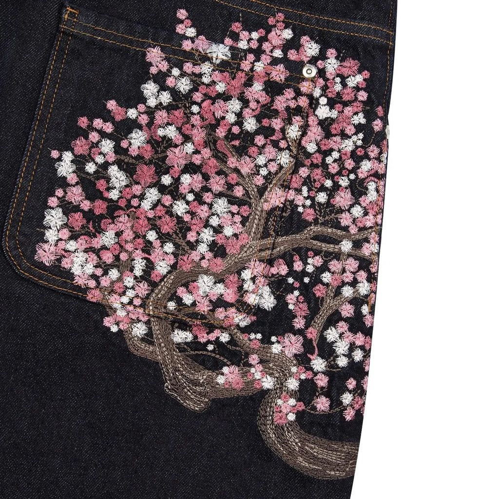Jean Baggy Droit Y2K Broderie Fleur de Cerisier Chevalier — Denim Vintage Streetwear BiggOrange