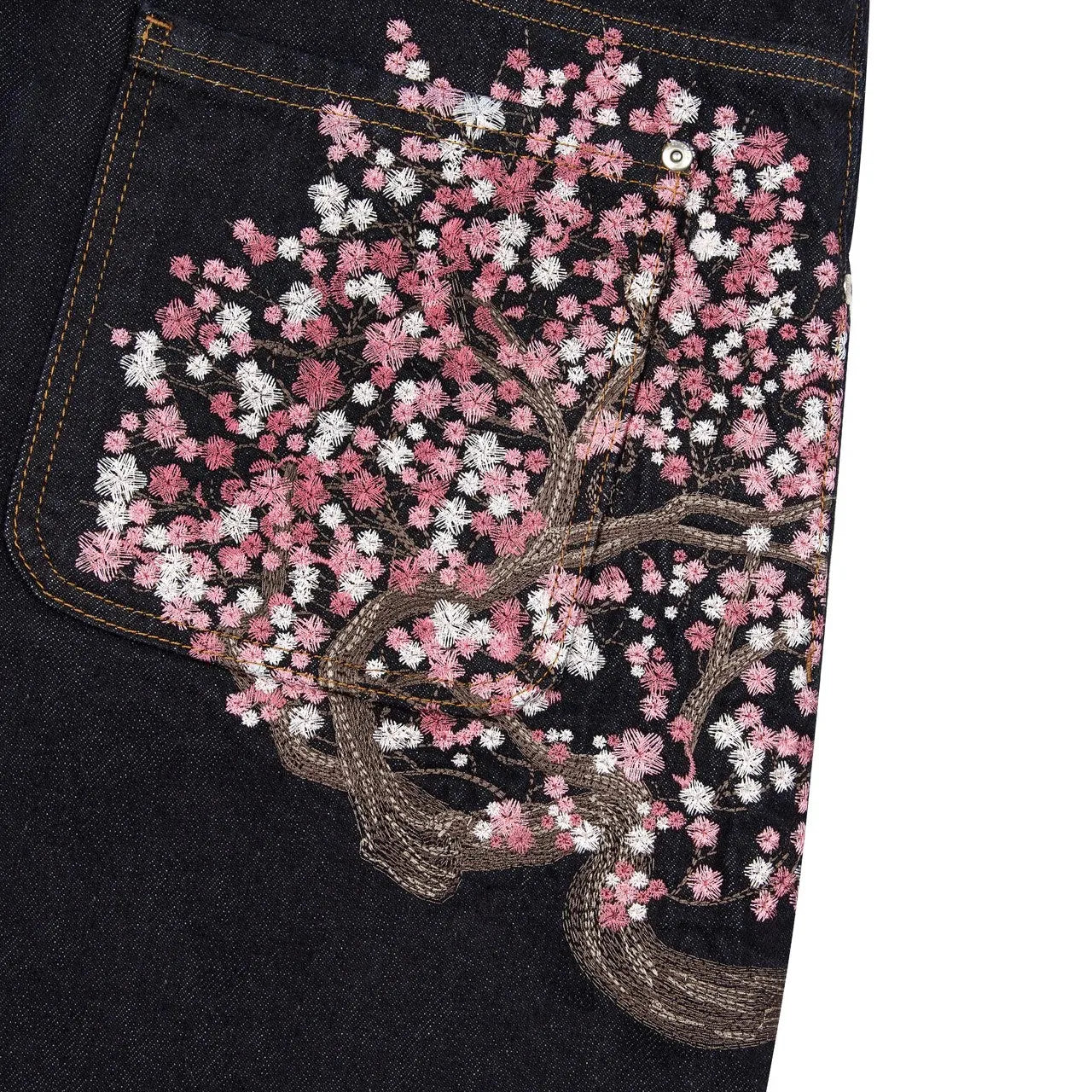 Jean Baggy Droit Y2K Broderie Fleur de Cerisier Chevalier — Denim Vintage Streetwear BiggOrange