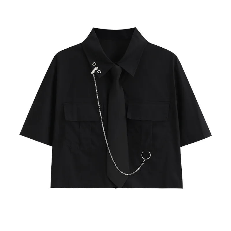 Ensemble Deux Pièces Femme — Chemise Noire Élégante & Salopette | Style Luxe Urbain