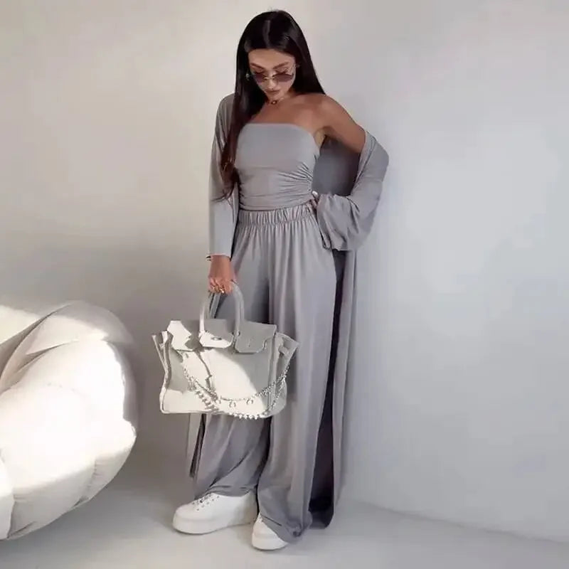 Ensemble 3 Pièces Femme — Débardeur, Long Cardigan & Pantalon Large Élégant | Bureau Été