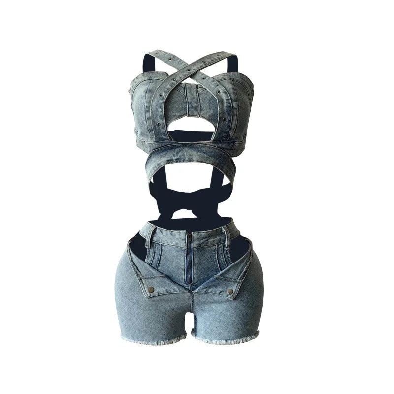 Ensemble 2 Pièces Denim — Crop Top Licou Sans Manches + Short Jean Déchiré Sexy Vacances | CM.YAYA Été 2025
