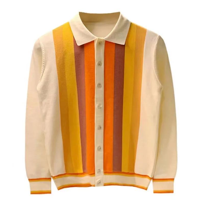 Cardigan Tricoté Style Britannique — Rayures Verticales, Boutons, Manches Longues | Oldyanup