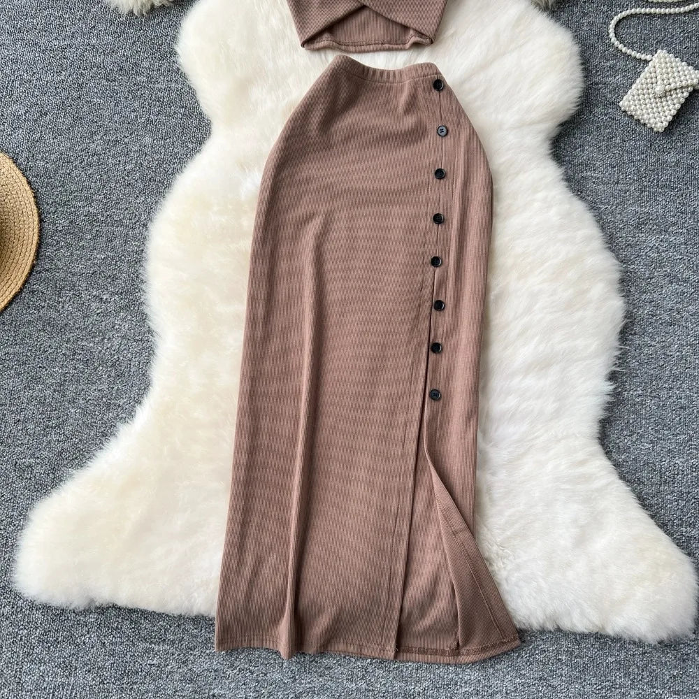 Ensemble 2 Pièces Été — Haut Court Col V + Jupe Longue Fendue Taille Haute Élastique Couleur Unie | Foamlina