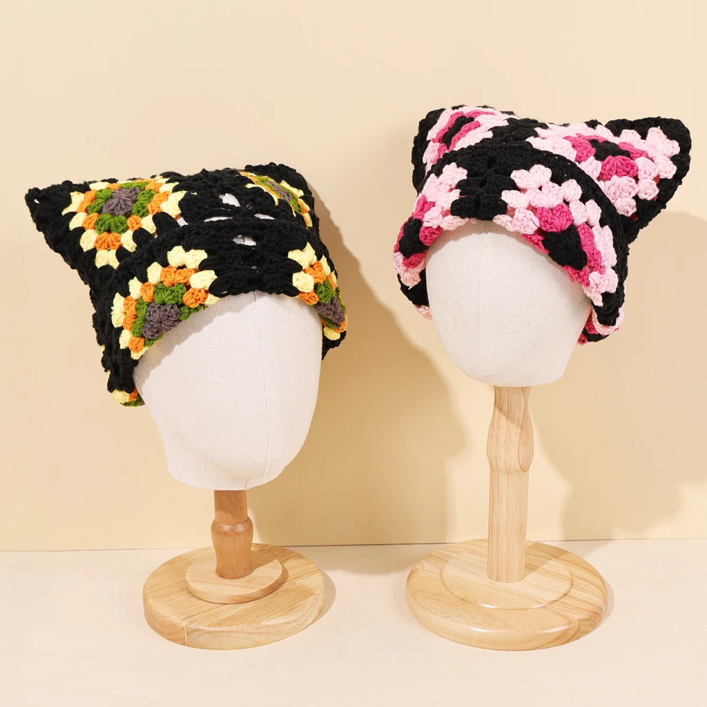 Bonnet Oreilles de Chat Crocheté à la Main – Tricot Chaud Unisexe | Automne Hiver