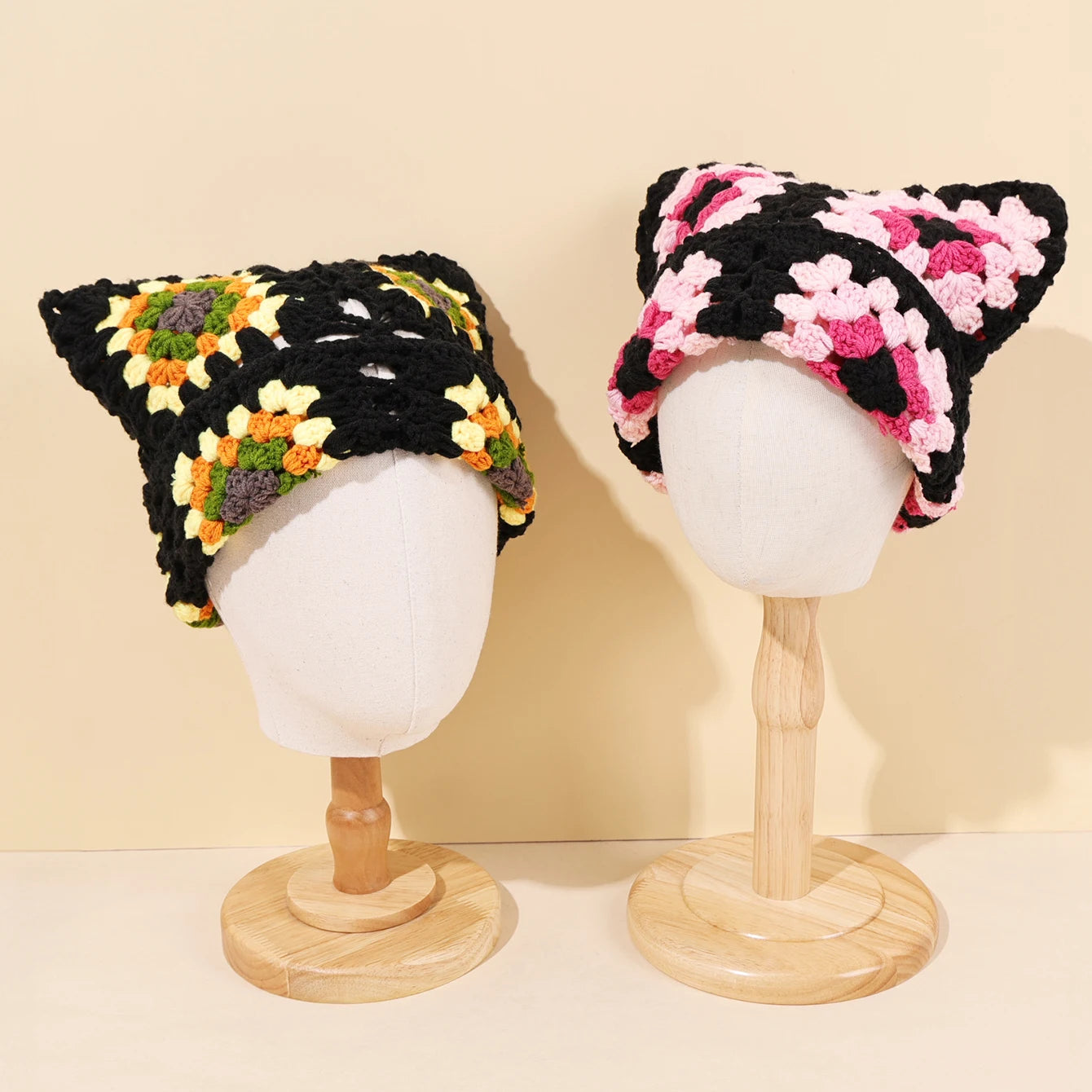 Bonnet Oreilles de Chat Crocheté à la Main – Tricot Chaud Unisexe | Automne Hiver