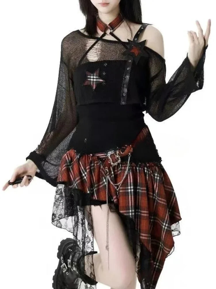 Ensemble 2 Pièces Vintage Y2K Harajuku — Haut Court Noir + Robe Irrégulière Gothique Slim | Style Coréen Rétro