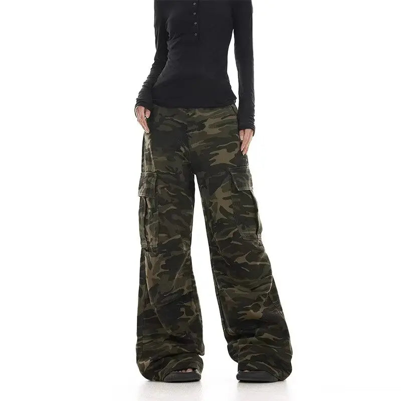 Pantalon Cargo Camouflage Délavé Rétro Américain — Jambe Large Multi-Poches Parachutiste Hip Hop