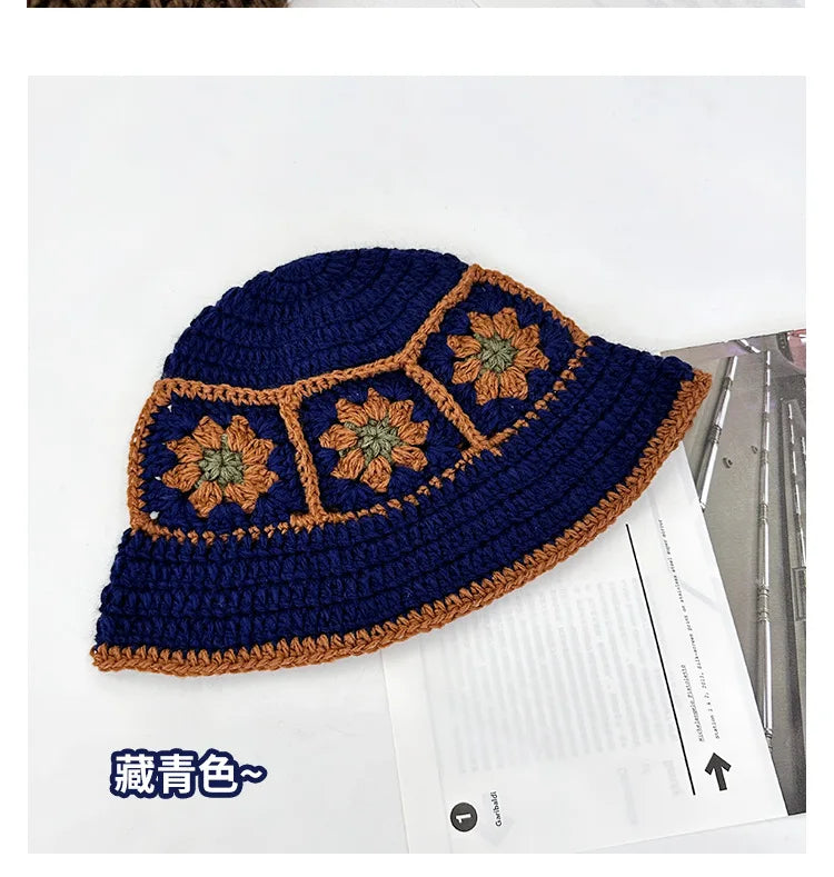 Chapeau Seau Coréen Crocheté à la Main – Bob Fleurs Y2K | Femme Automne Hiver 2025
