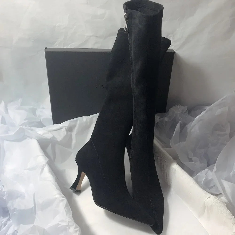 Bottines Cheville Daim Élastique Bout Pointu — Talon Aiguille Sexy Fermeture Éclair