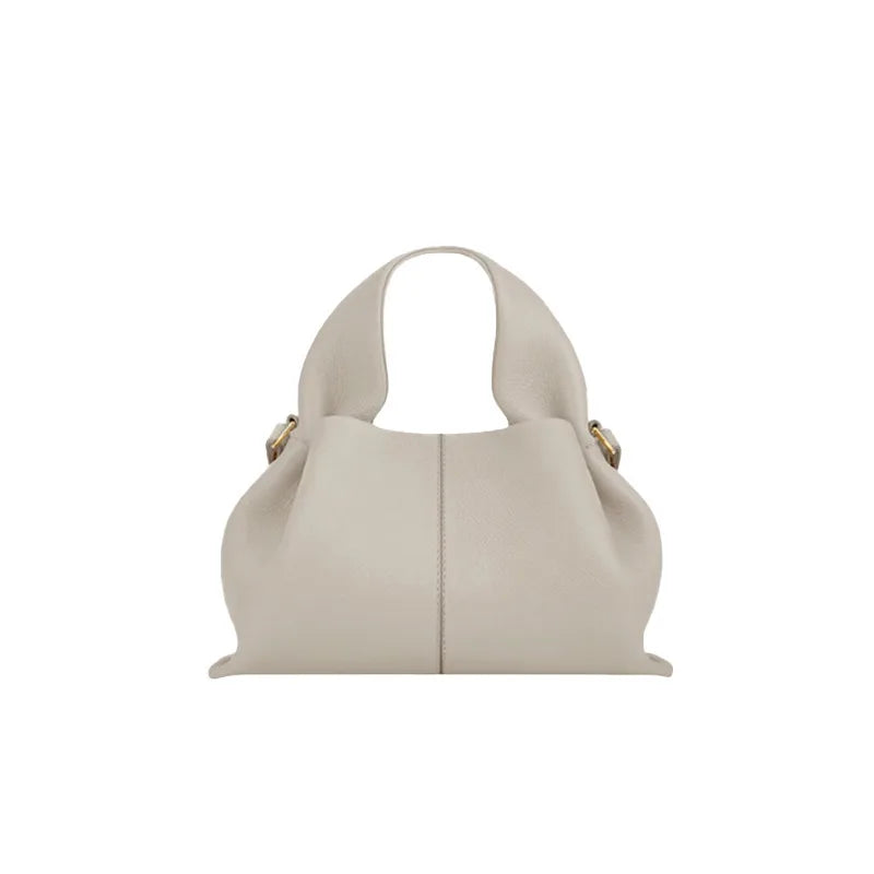 Sac Seau Plissé en Cuir Véritable — Bandoulière Luxe Couleur Unie