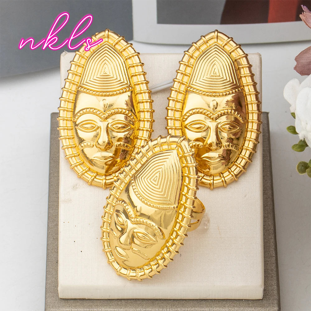 Ensemble Bijoux Dubaï Style Brésilien Plaqué Or 18K — Boucles d’Oreilles & Bague NKLS