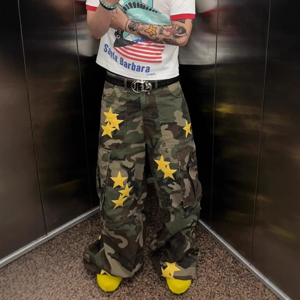 Jean Camouflage Homme — Jambes Larges Ample Longueur Sol Hip Hop Rétro High Street Style Européen Américain