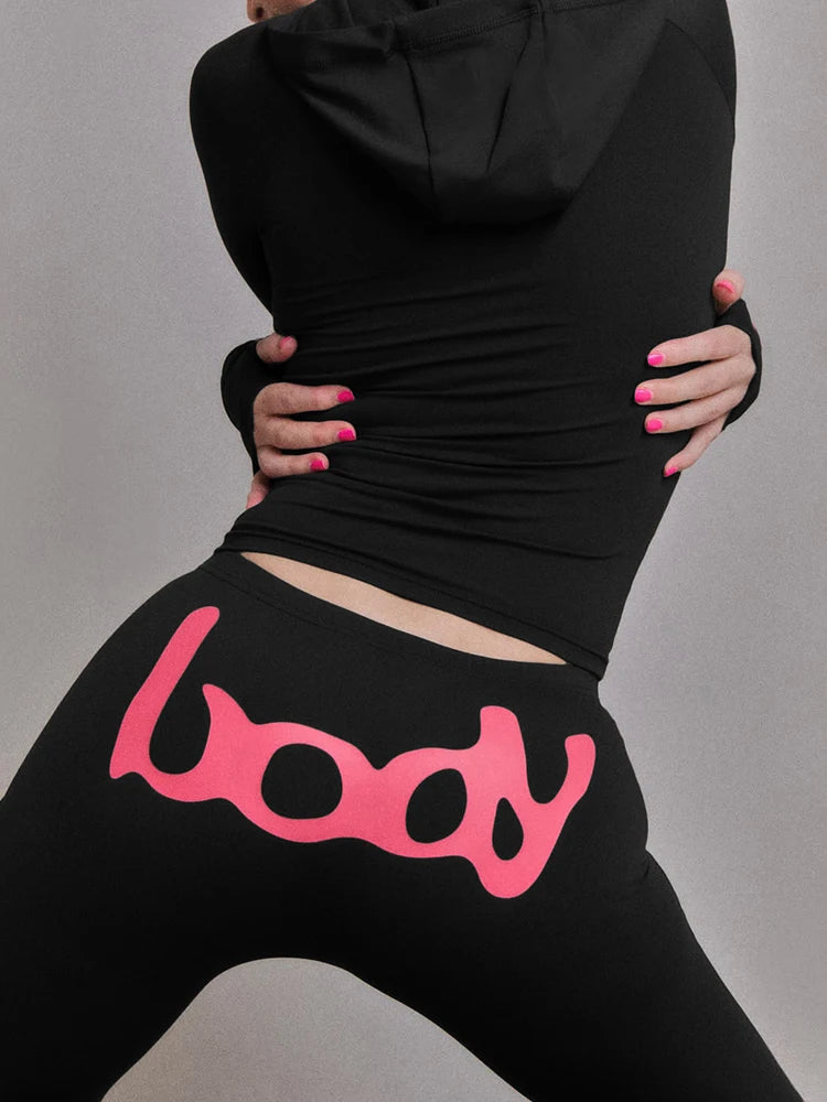 Ensemble 2 Pièces Survêtement Imprimé Lettres – Veste Zippée & Legging Stretch High Street | Femme