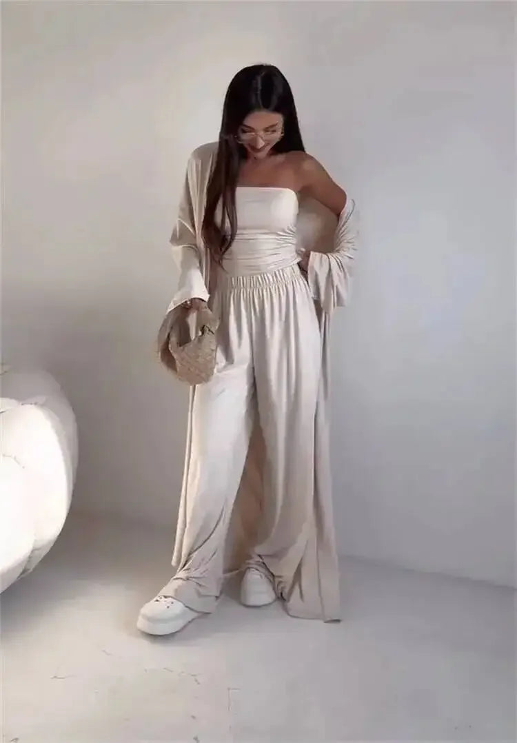 Ensemble 3 Pièces Femme — Débardeur, Long Cardigan & Pantalon Large Élégant | Bureau Été
