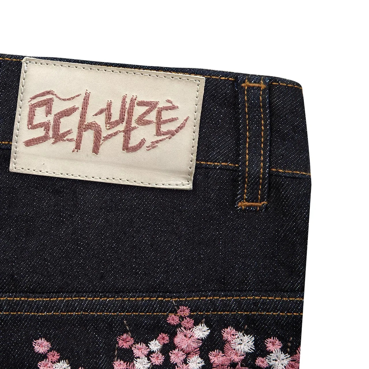 Jean Baggy Droit Y2K Broderie Fleur de Cerisier Chevalier — Denim Vintage Streetwear BiggOrange