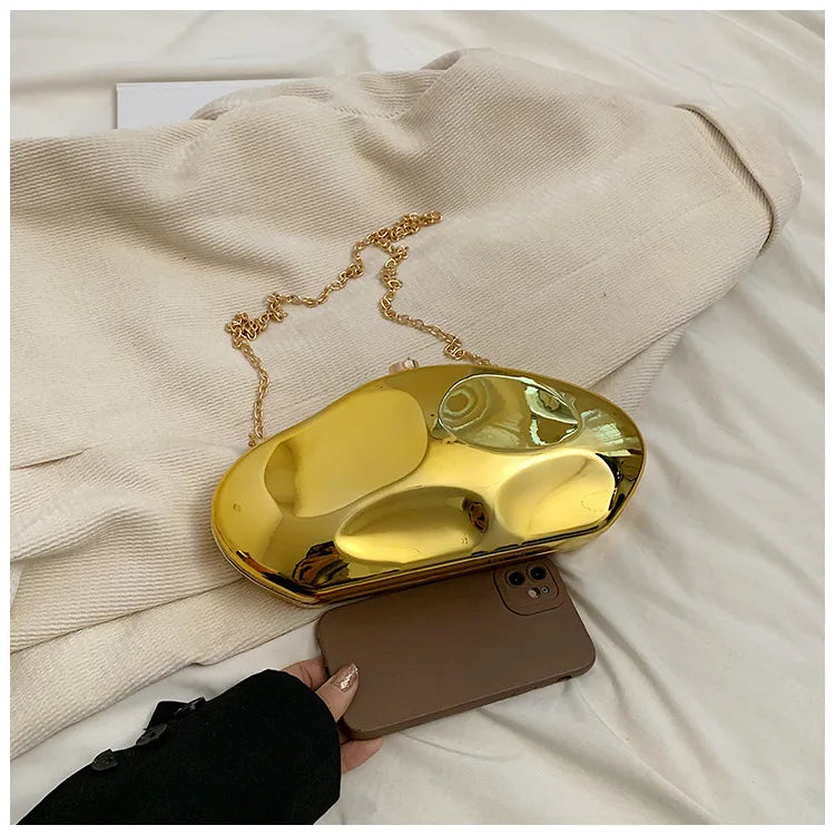 Pochette Coquillage Acrylique — Sac de Soirée Sculpté Or & Argent