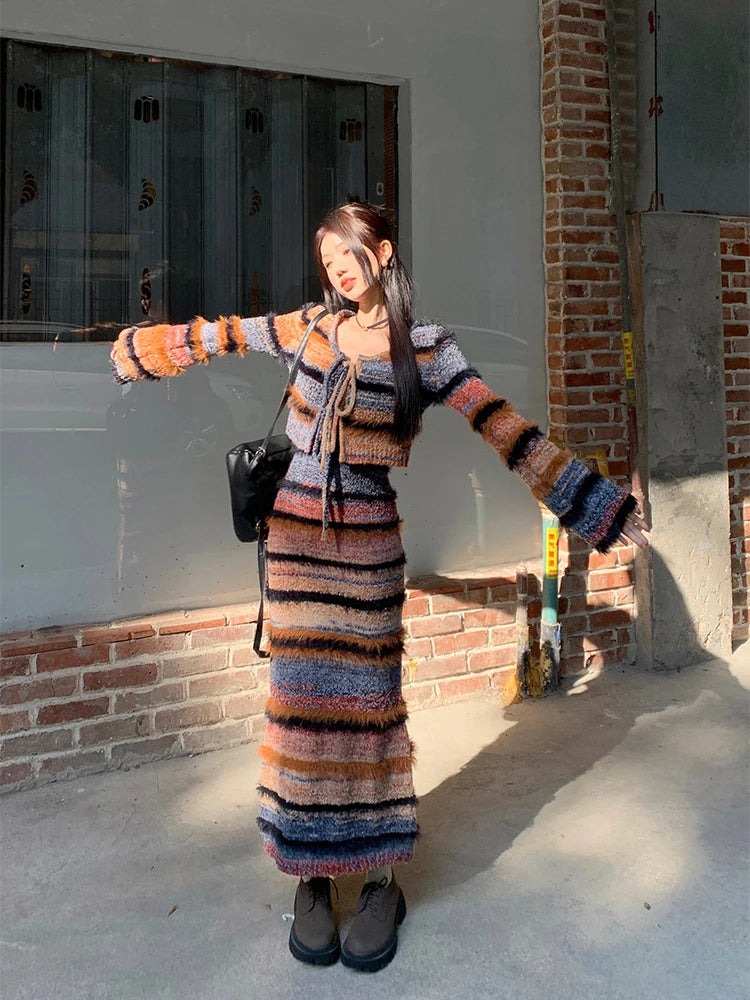 Ensemble 2 Pièces Tricoté Rayé — Cardigan Sexy Manches Longues + Robe À Bretelles Style Coréen Streetwear | UZSC
