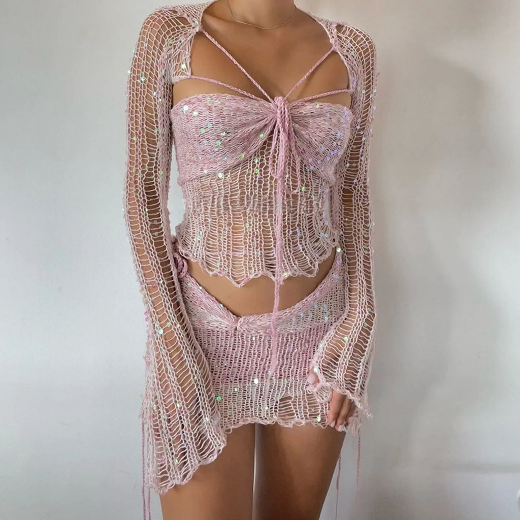 Ensemble 2 Pièces Sexy — Robe Tricotée À Paillettes Manches Évasées + Jupe Crochet Boîte de Nuit | 2025