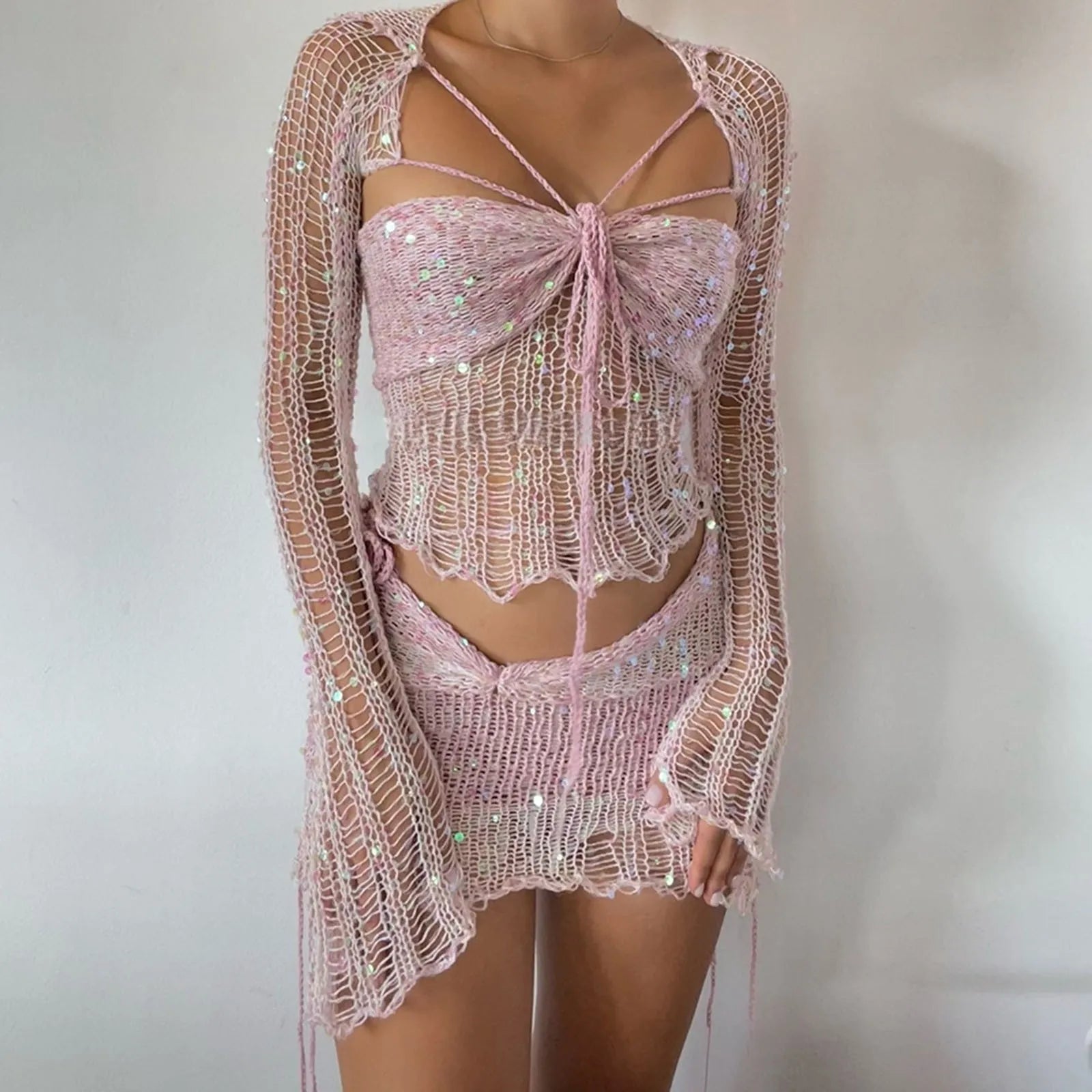 Ensemble 2 Pièces Sexy — Robe Tricotée À Paillettes Manches Évasées + Jupe Crochet Boîte de Nuit | 2025