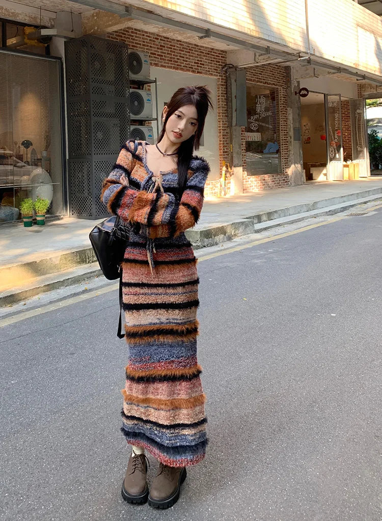 Ensemble 2 Pièces Tricoté Rayé — Cardigan Sexy Manches Longues + Robe À Bretelles Style Coréen Streetwear | UZSC