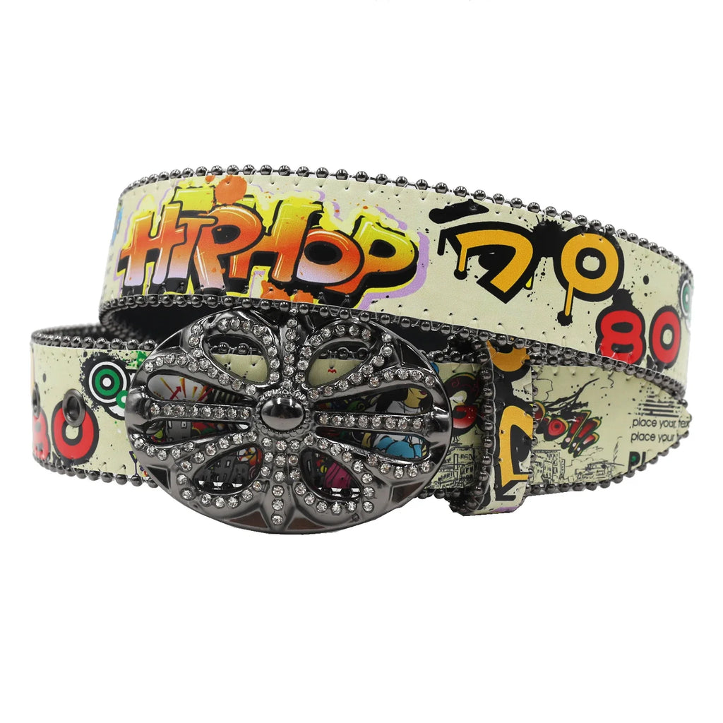 Ceinture PU Unisexe — Imprimé Graffiti Punk Bohème Y2K Hip Hop Western Cowboy Cowgirl Boucle Personnalisée