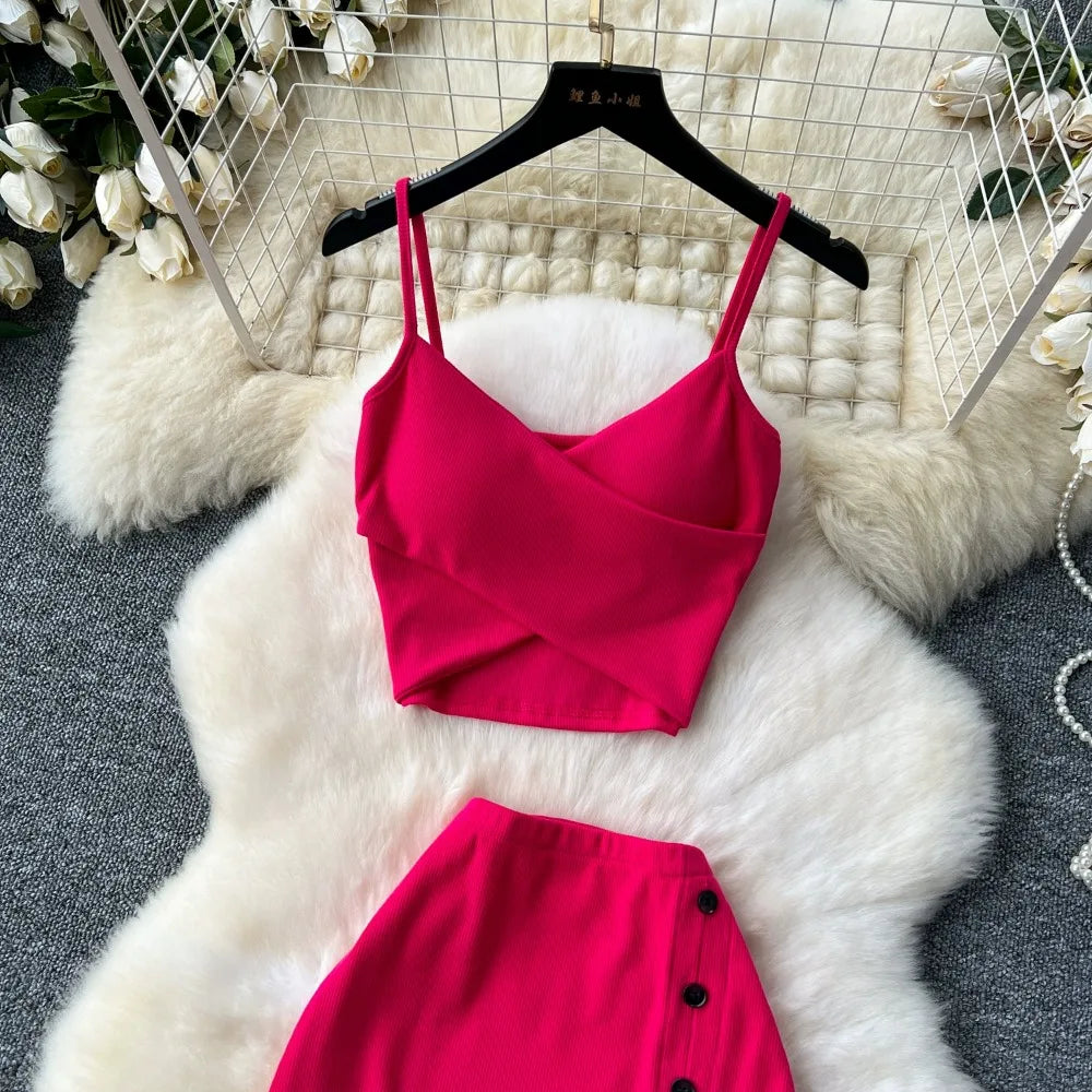 Ensemble 2 Pièces Été — Haut Court Col V + Jupe Longue Fendue Taille Haute Élastique Couleur Unie | Foamlina