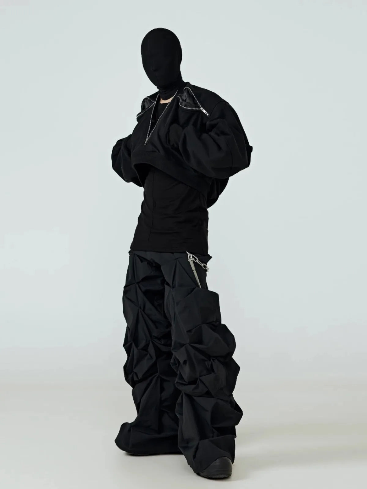 Pantalon Jambe Large Noir Empilé Streetwear Luxe — Plissé Taille Élastique 4 Saisons Mauroicardi