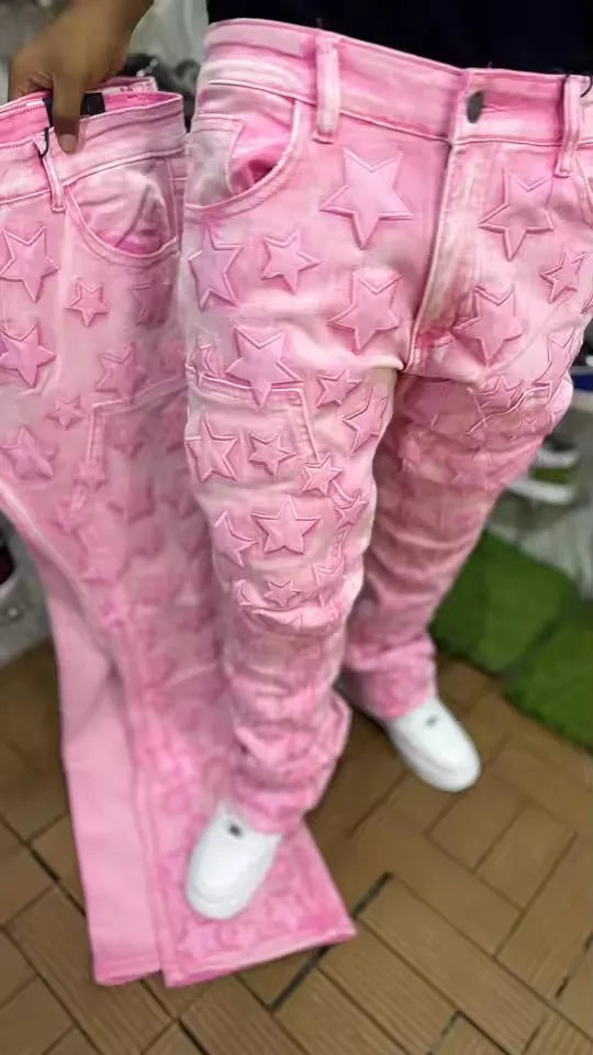 Jean Skinny Homme Y2K — Style Gothique Punk Étoile 3D Brodée Rose Harajuku Taille Basse Décontracté
