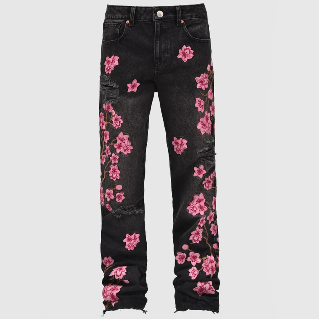Jean Homme Imprimé Coupe Droite — Streetwear Trous Épissés Poches Bouton Taille Moyenne Printemps Été | wulend