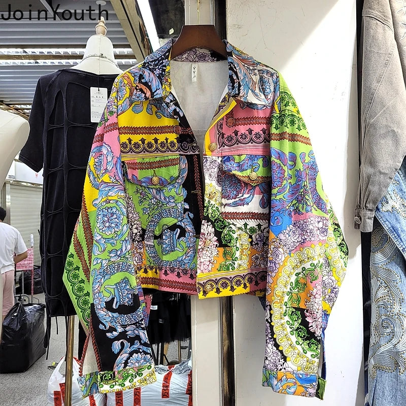 Veste en Jean Harajuku Imprimé Floral – Manteau Court Denim Coréen Y2K Streetwear | Femme 2025