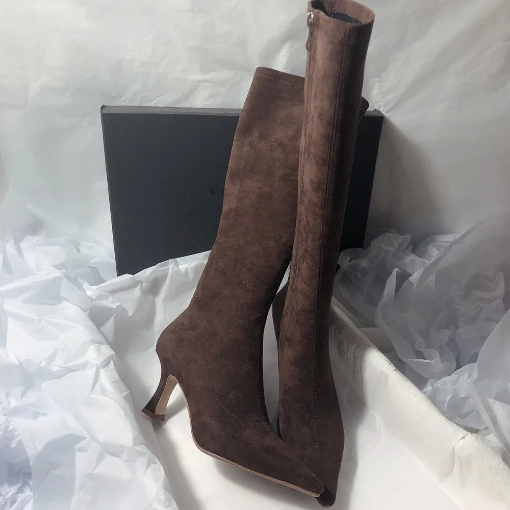 Bottines Cheville Daim Élastique Bout Pointu — Talon Aiguille Sexy Fermeture Éclair