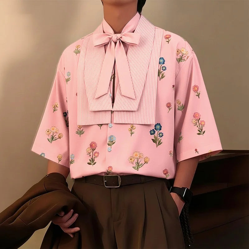 Chemise Florale Patchwork Manches 3/4 — Col V à Nouer, Streetwear Ample | INCERUN 2026